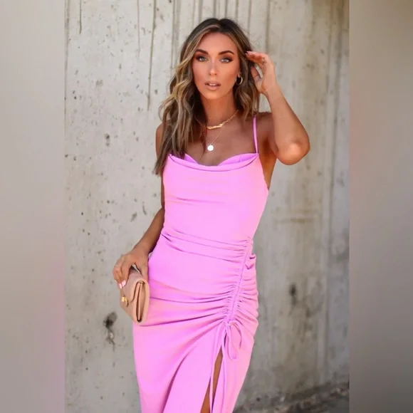 NWOT Pink Cowl Neck Ruched Dress Sz S Spring Summer Easter Wedding Vacation - Picture 3 of 8